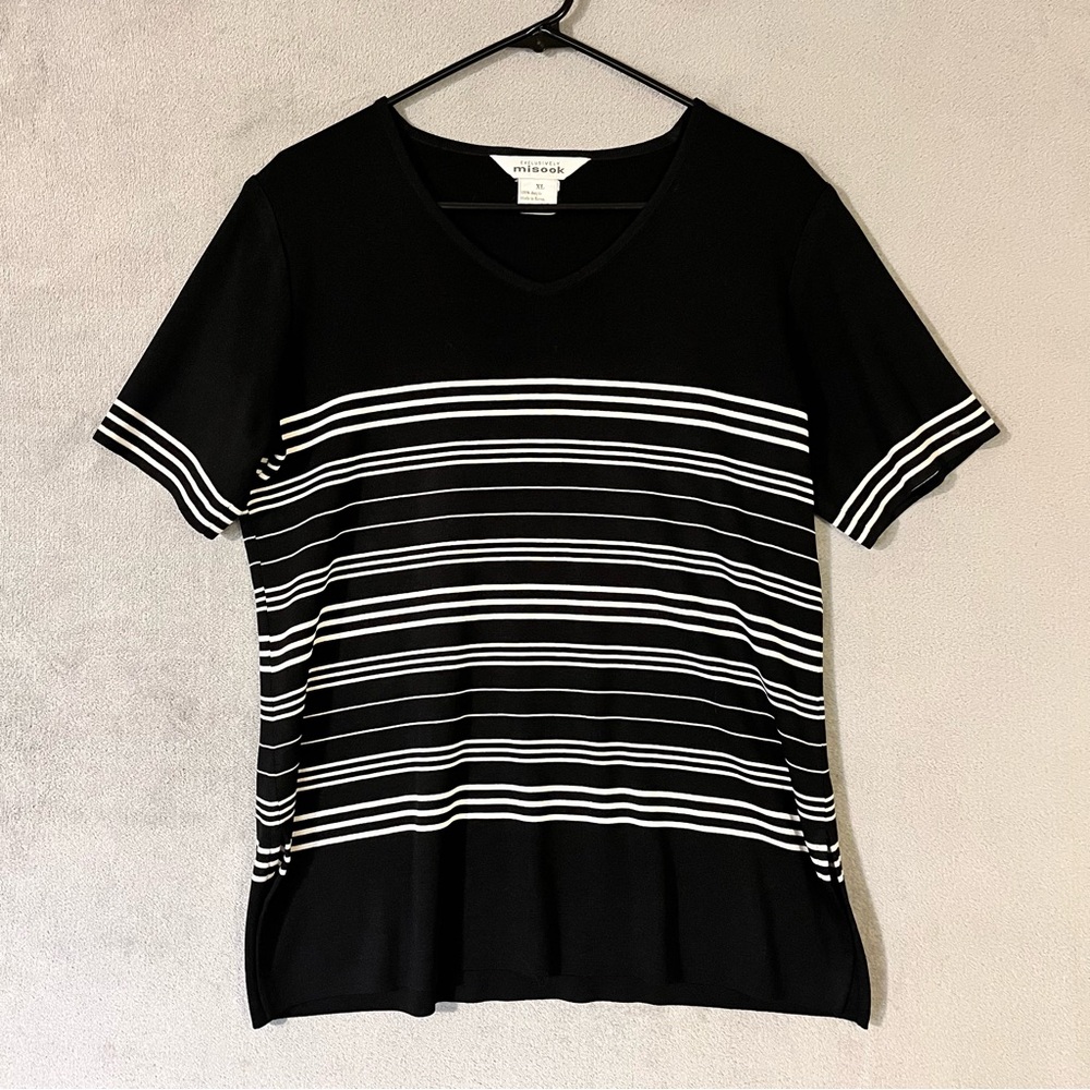 Misook Black and White Striped Short-Sleeve Knit Top